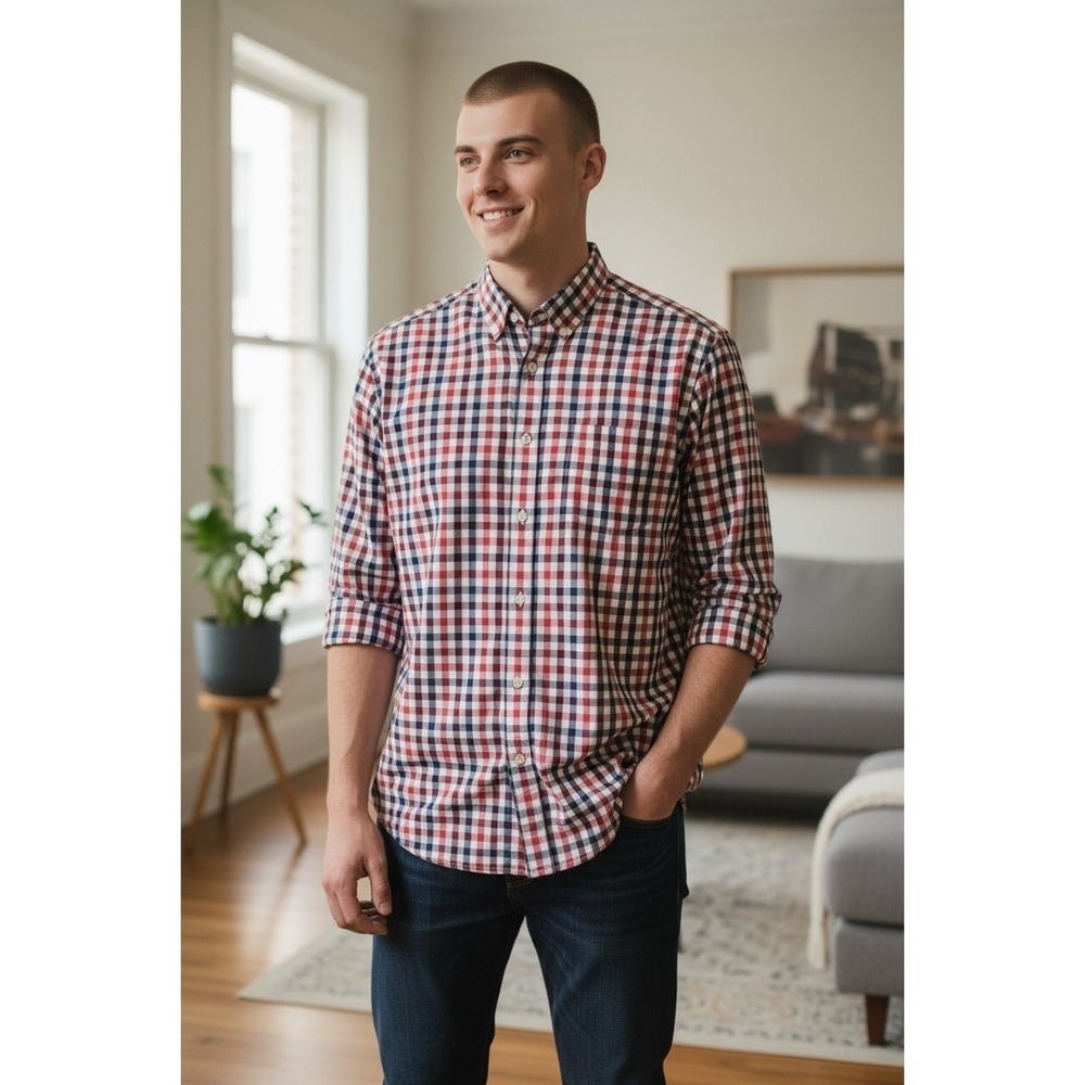 J.Crew Mens‎ Gingham Button Down Shirt Red Navy Blue White Check Cotton Size M
